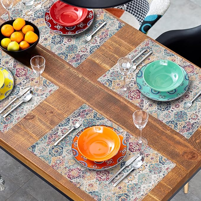 Ethnic Boho Placemats Set of 4 Bohemian Carpet Vintage Rust Coral Floral Carpet Linen Washable Kitchen Dining Table Mats Stain Heat-Resistant Desktop Decor Place Mats for Home Party Indoor 12x18 in