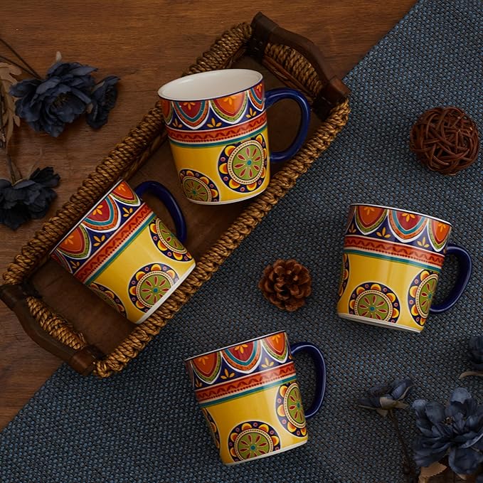 Bico Tunisian Ceramic Mugs, Set of 4, for Coffee, Tea, Drinks, Microwave & Dishwasher Safe