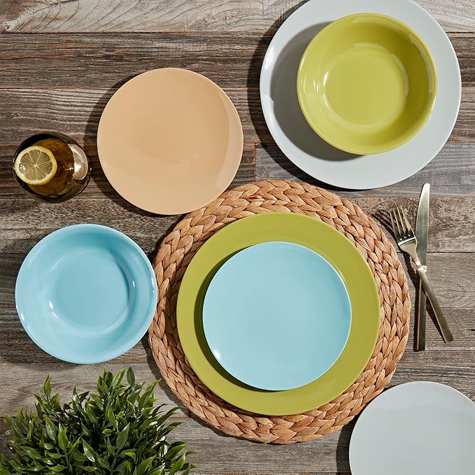 Tabletops Gallery 12 Piece Blue Green Coral Melamine Dinnerware Set Plates Bowls for Indoor Outdoor Use, Service for 4, Enchanted