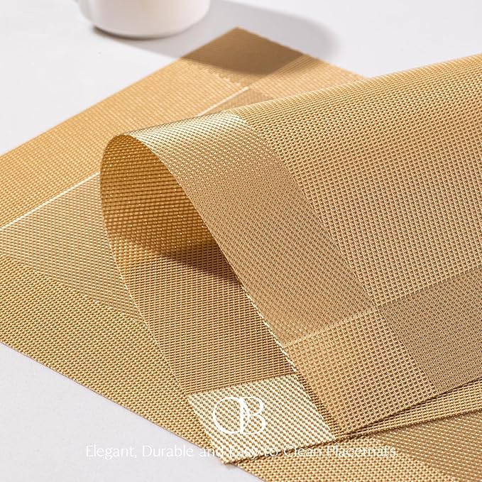 Placemats Set of 12 - Easy Clean Woven Vinyl Placemats for Dining Table, Indoor/Outdoor Place Mats, Washable PVC Table Mats(Gold Cube)