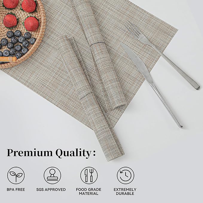 Leetaltree Linen Yellow Placemats Set of 8 - Heat Resistant Non-Slip Place mats for Dining Table, Washable Durable PVC Vinyl Woven Table Mats(Linen Yellow, 8)