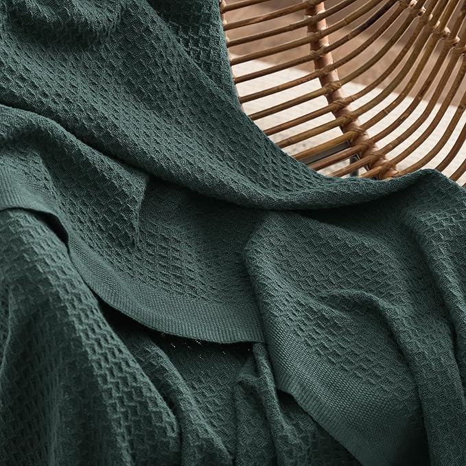 Bedsure 100% Cotton Blanket Queen Size for Bed - Breathable and Soft, Waffle Weave Blanket for Summer Spring, Dark Green, 90x90 Inches