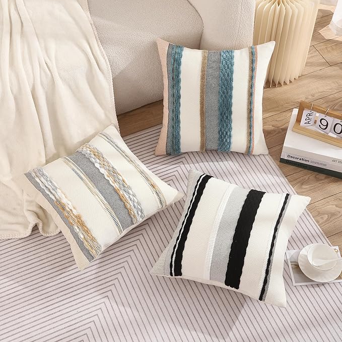 Tosleo Decorative Throw Pillow Covers 18x18 Set of 2 Boho Chenille Tufted Pillow Cover Textured Pillow Covers Striped Pillow Cases Accent Pillow Cases Farmhouse Cushion Case for Sofa Couch Bed,Blue