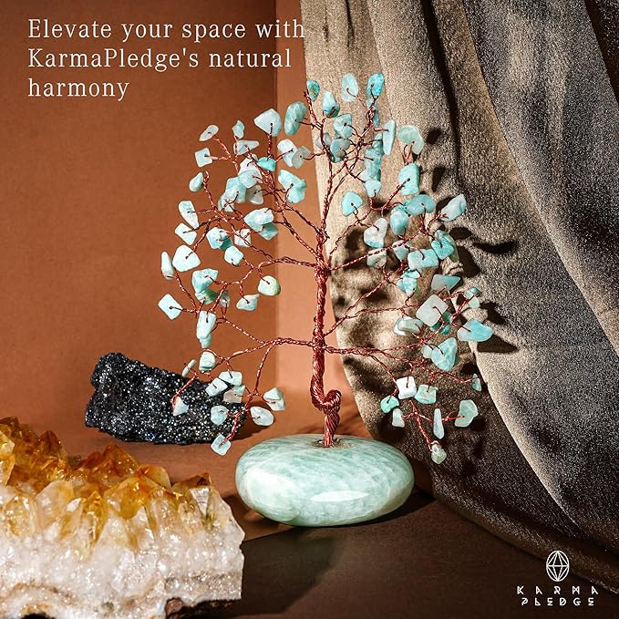 Crystal Tree of Life Home and Office Feng Shui Decor, Amazonite Healing Crystal Handmade Bonsai Tree for Positive Energy, Good Luck, Money, Christmas Decor, Birthday Gifts for Women, Mom