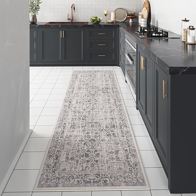 Black Runner Rug 3x7 Hallway Machine Washable Kitchen Vintage Distressed Non Slip Long Carpet Indoor Retro Floral Bedroom Accent Throw Rug for Bathroom Office Laundry Dining Room