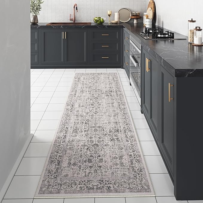 Black Runner Rug 2x12 Hallway Machine Washable Kitchen Vintage Distressed Non Slip Long Carpet Indoor Retro Floral Bedroom Accent Throw Rug for Bathroom Office Laundry Dining Room