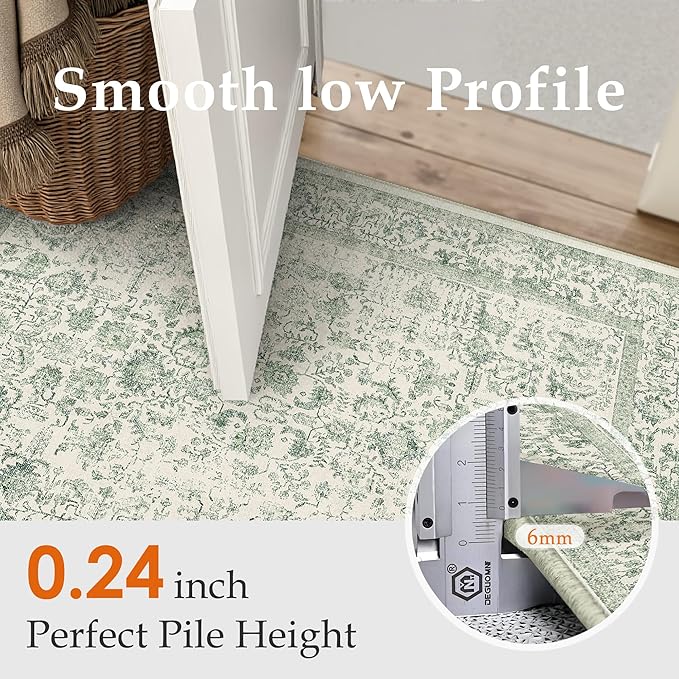 Green Area Rug 3x5 Office Entryway Rug Machine Washable Kitchen Vintage Distressed Non Slip Carpet Indoor Retro Floral Accent Throw Door Mat for Bathroom Bedroom Dining Living Room