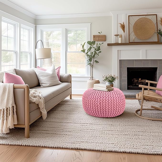 COTTON CRAFT Round Pouf - Hand Knitted Cotton Braid Cord Cable Dori Ottoman - Foot Stool - Floor Pouf Footrest Accent Seat Furniture Bean Bag - Living Room Kids Room Nursery Dorm Décor - 20x14 - Pink