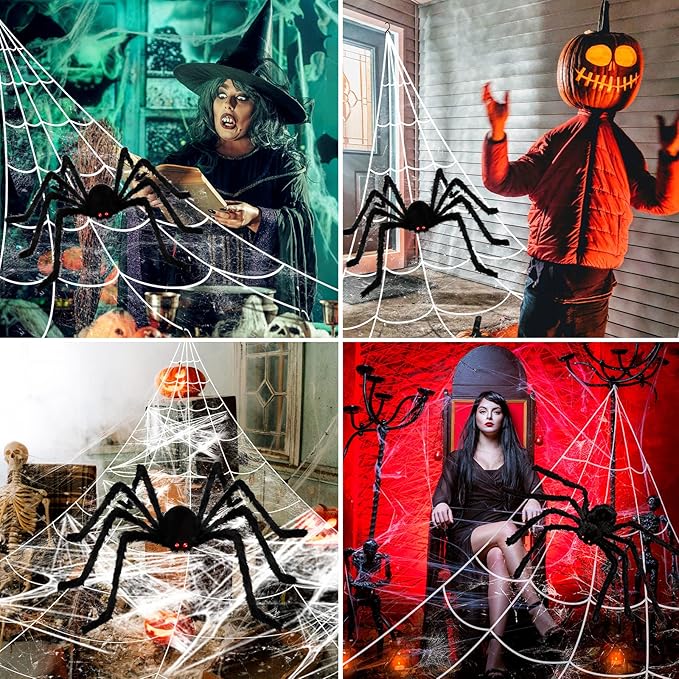 BOSONER Halloween Decorations Outdoor Spider Webs: 1Pcs Giant Spiders - 200'' Triangular Web with Hook - Stretch Web and Ground Stakes for Large Halloween Decor and Haunted House Decoration