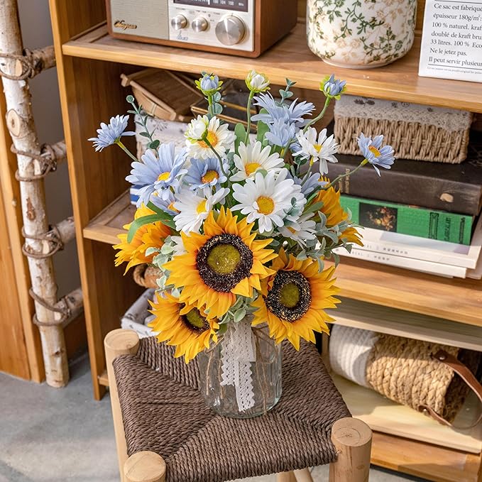 Faux Flowers with Vase, Artificial Silk Sunflower in Vase Centerpiece Coffee Table Decor, Fake Plant Daisy Flower Arrangement for Fall Decorations Indoor Home Office Living Room Farmhouse