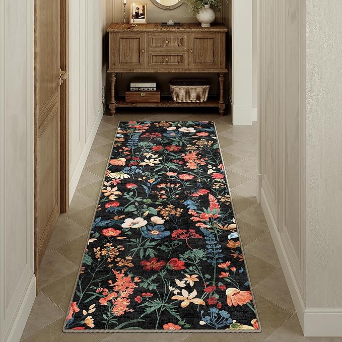 Floral Runner Rug 2x6 Washable Hallway Long Black Bedroom Carpet Non Slip Indoor Boho Kitchen Low Pile Accent Rug Lightweight Soft for Bathroom Dining Laundry Living Room
