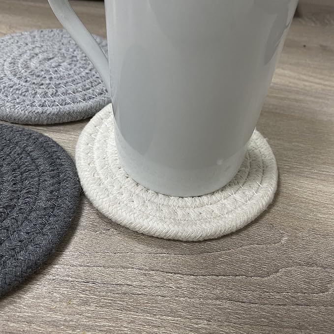 ABenkle 8 Pcs Drink Coasters with Holder, Cotton Woven Absorbent Coasters for Drinks, Minimalist Home Decor Coaster Set for Wooden Tabletop Protection Table, 4.3 inches White