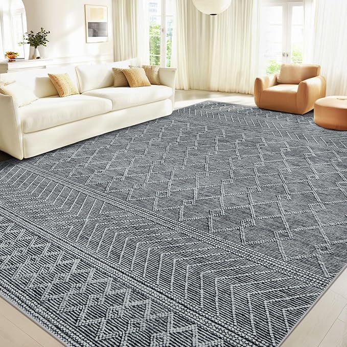 9x12 Area Rug Living Room: Washable Boho Geometric Moroccan Rug Neutral Modern Farmhouse Indoor Soft Non Slip Ultra Thin Large Printed Pattern Carpet for Bedroom Home Office (Black, 9'x12')