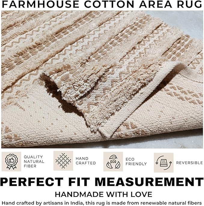 Cotton Rugs for Living Room 24x36 inches, Farmhouse Cotton Area Rug for Bedroom, Washable Tufted Indoor Floor Carpet for Kitchen Dorm Office Dining Room Office Home Decor, Off White Natural