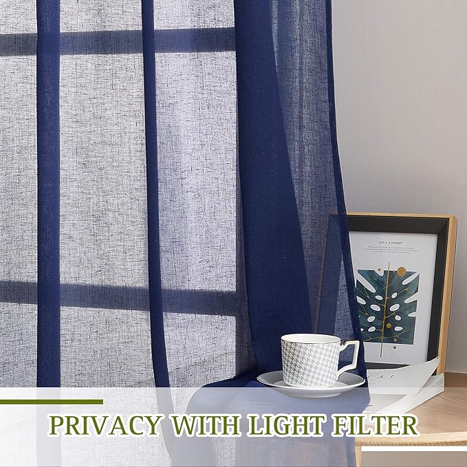 NICETOWN Linen Textured Sheer Bedroom Window Curtains, Grommet Semitransparent Vintage Natural Open Linen Wave Privacy Sheer Draperies for Hall/Villa, Dark Blue, 52W by 84L, Set of 2