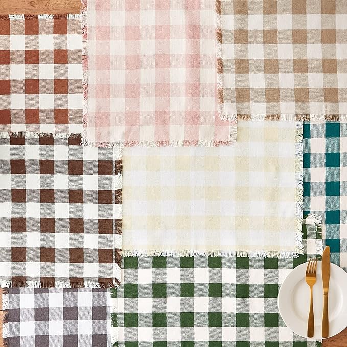 DII Heavyweight Fringed Check Tabletop Collection, Placemat Set, 13x19, Stone Brown, 6 Piece
