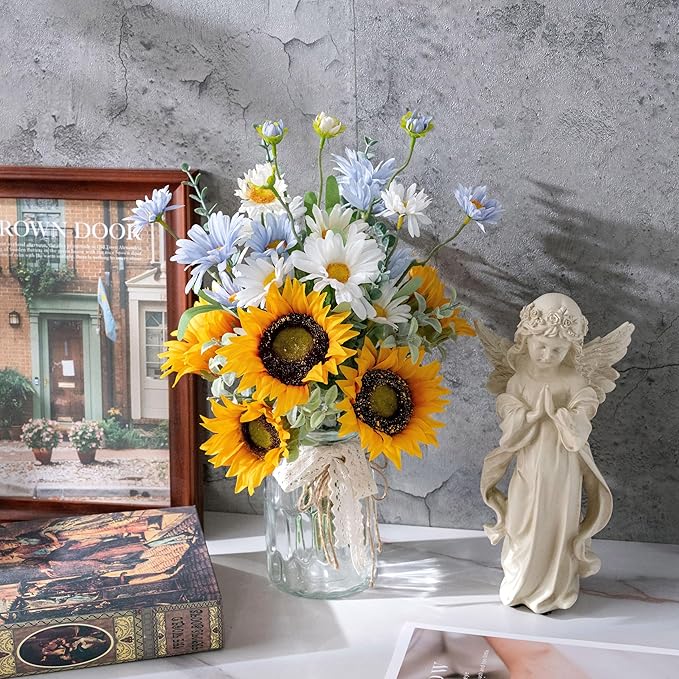 Faux Flowers with Vase, Artificial Silk Sunflower in Vase Centerpiece Coffee Table Decor, Fake Plant Daisy Flower Arrangement for Fall Decorations Indoor Home Office Living Room Farmhouse