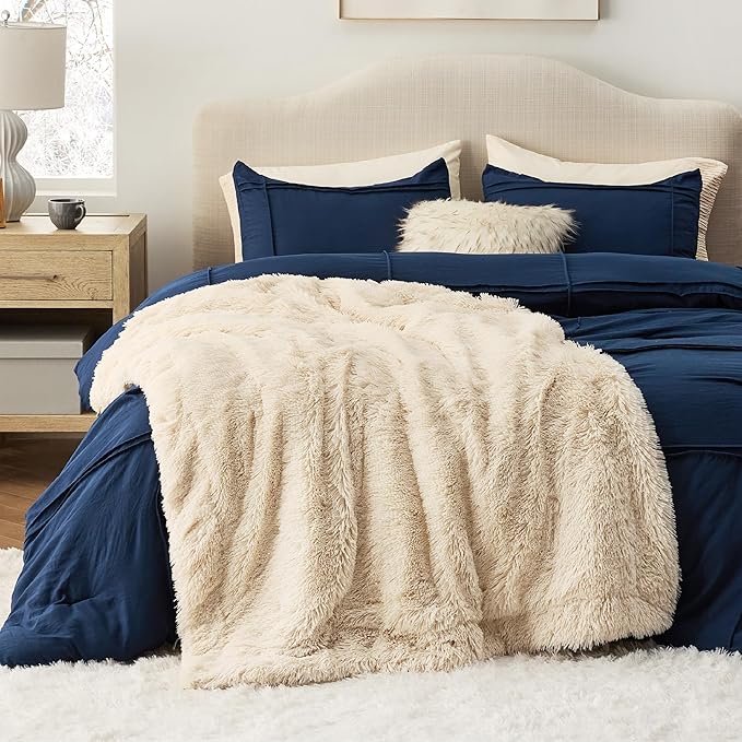 Bedsure Fuzzy Sherpa Faux Fur Twin Blanket Beige Cozy Gifts for Women Men, Soft Fleece Plush Warm Minky Thick Blanket Twin Size for Bed, Couch, Room Decor Dorm Essentials Beige Decor Gifts, 60x80