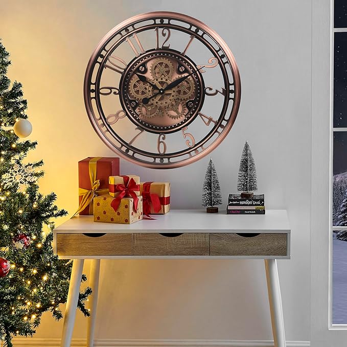 CLXEAST 28 Inch Oversized Large Moving Gear Wall Clock for Living Room Decor,Modern Farmhouse Decorative Wall Clocks Battery Operated,Rose Gold,House Warming Gifts New Home