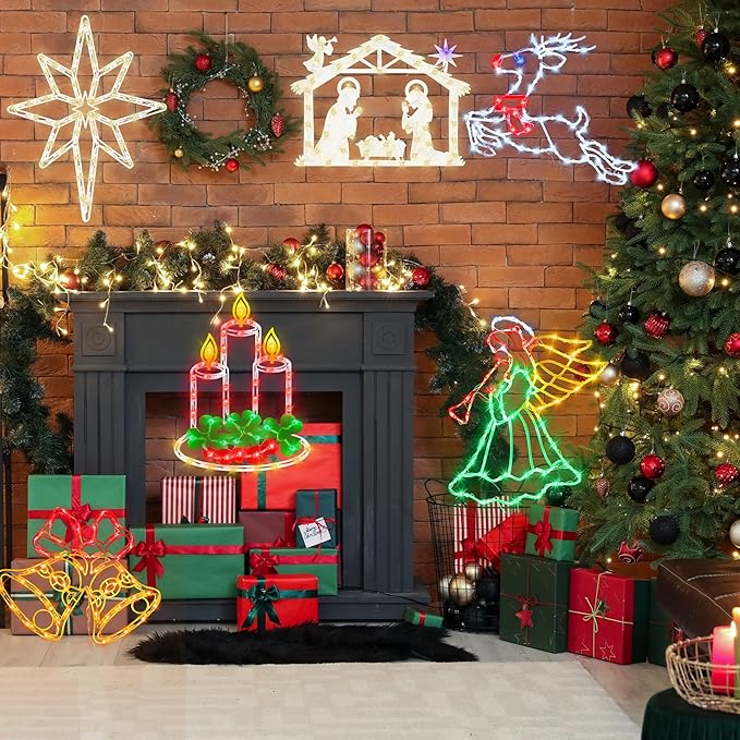 16" Christmas Window Silhouette Lights - 6 Pack Colour Lighted Bell, Angel, Candle, Nativity, Bethlehem Star, Reindeer for Holiday Indoor and Outdoor Wall Door Window Decorate