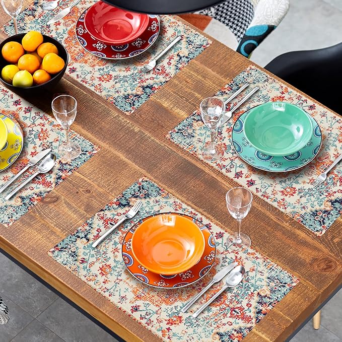 Ethnic Boho Placemats Set of 6 Southwest Orange Blue Teal Carpet Woven Texture Linen Washable Kitchen Dining Table Mats Stain Heat-Resistant Desktop Decor Place Mats for Home Party Indoor 12x18 inch