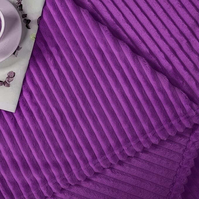 Vessia Flannel Fleece Throw Blanket for Couch,Sofa,Bed, 300GSM Striped Purple Blanket for Adults and Kids, Super Soft Warm Cozy Lightweight Ribbed Throw for All-Season