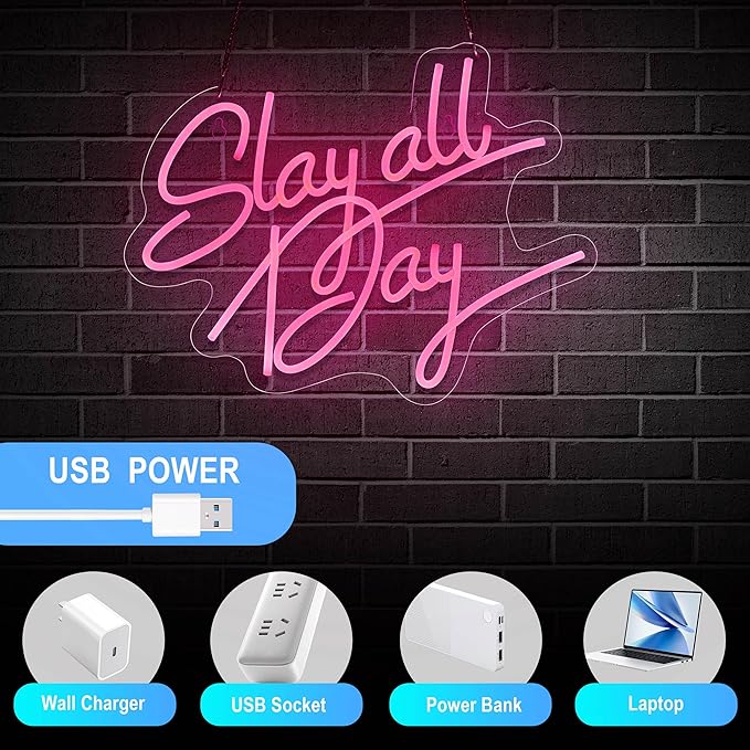 Slay All Day Neon Sign for Wall Décor Dimmable LED Neon Light USB Powered Neon Art signs for Pub Store Man Cave Party(17X13inches,Pink)