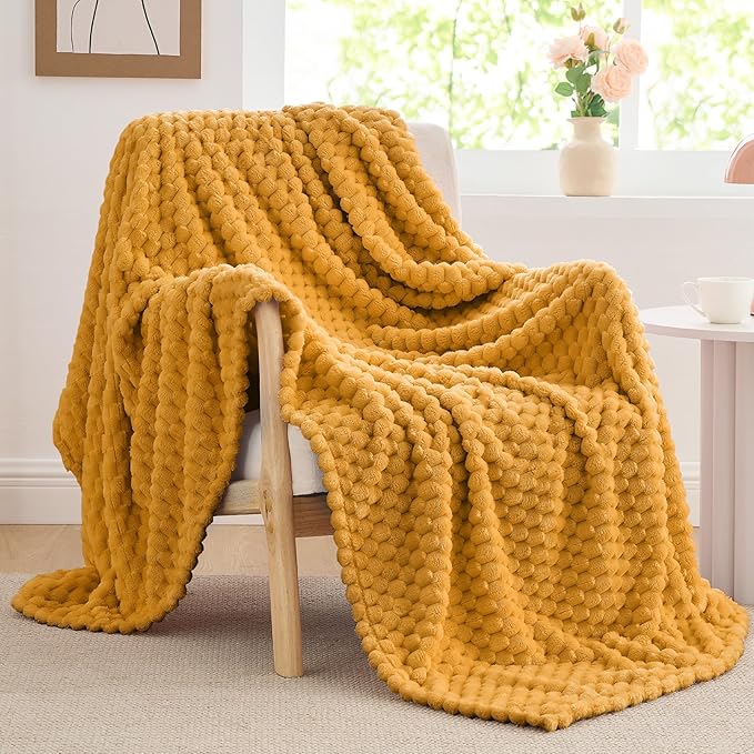 BEDELITE Fleece Blanket Twin Size for Bed Couch, 3D Jacquard Decorative Mustard Yellow Throw, Soft and Cozy Warm Plush Fuzzy Blanket All Seasons Suitable, 60x80Inches