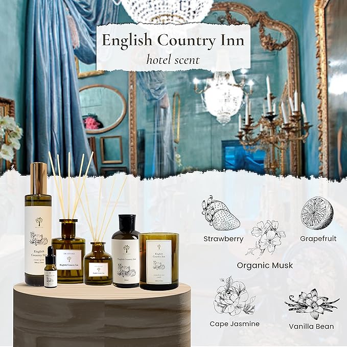 PRISTINE English Country Inn | Inspired by Ritz-Carlton Hotel Reed Diffuser Refill with Free Reed Stick | Jasmine, Strawberry, Vanilla Oil Diffuser Refills | Premium Hotel Lobby Reed Diffuser Refill