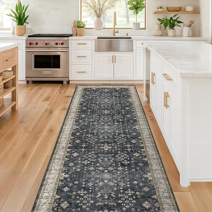 Black Entryway 2x5 Runner Rug, Small Throw Runners for Kitchen Bedroom Bathroom Laundry Room, Vintage Floral Decor & Non-Slip Low-Pile Washable Stain Resistant, Dark Ashen Charcoal