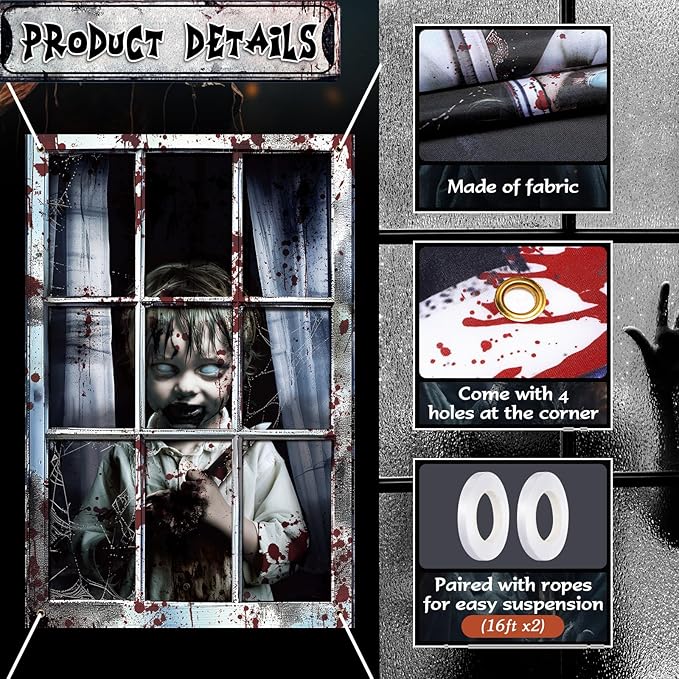 2 Pcs Halloween Boy and Girl Scary Curtain Halloween Window Silhouette Decoration Blood Ghost Window Cover Horror Theme Window Poster for Indoor Outdoor Party Wall Garage Door Decor