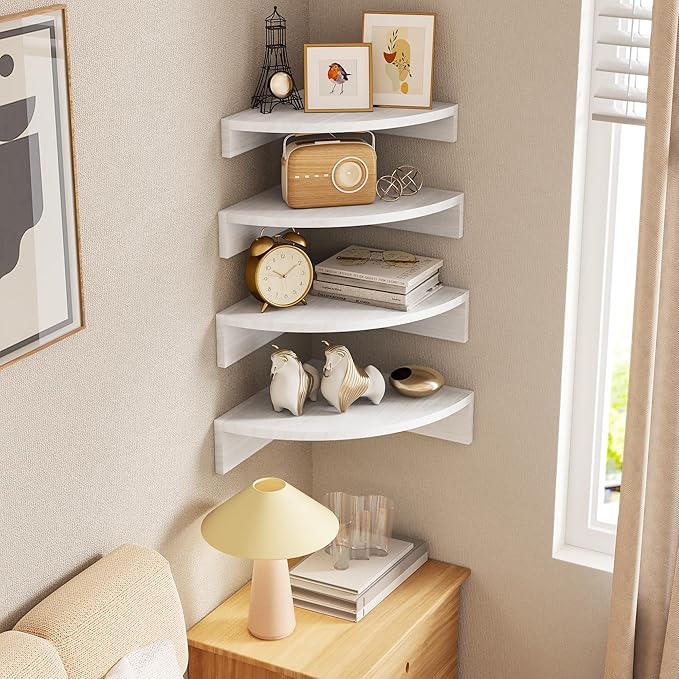 Alsonerbay White Corner Shelf Wall Mount, Set of 4 Floating Shelves for Storage and Display, Large Wooden Shelves for Bedroom, Living Room, Bathroom, Entryway, Garage