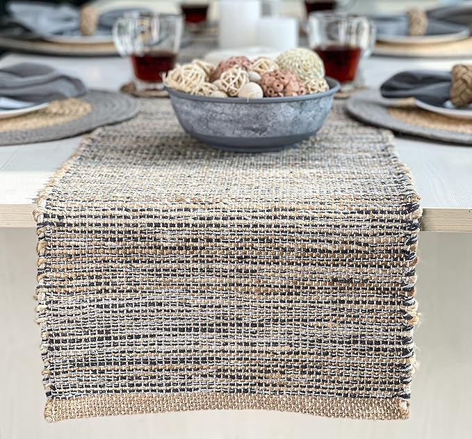 Chardin home Natural Jute Table Runner 13x108 Inch – Vintage Boho Rustic Table Decor – Handwoven Jute Table Runner in Natural and Grey – Farmhouse Dining or Console Table Accent