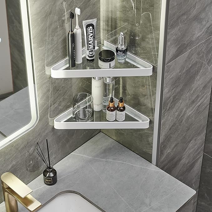VOLPONE Bathroom Shelves Wall Mounted Glass Corner Shower Shelf for Bathroom Floating Shelf Tempered Glass Wall Organizer 2-Tier(White)