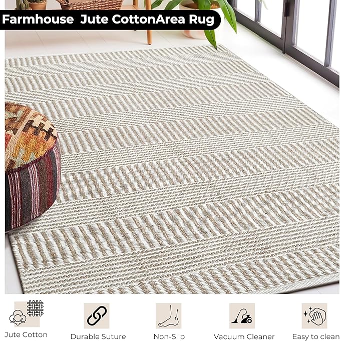 Bedding Craft Jute Cotton Stripe Area Rug for Living Room 48x72 Inch - Natural Ivory - Machine Washable 4x6 Feet Rugs - 70% Jute and 30% Cotton