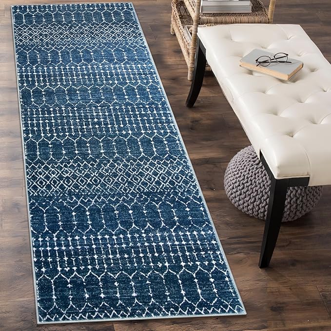 Lahome Moroccan Extra Long Runner Rugs for Hallways, 2.5x12 Rug Runner Washable Ultra-Thin Carpet Non Slip, Faux Wool Soft Modern Floor Print Mat for Entryway Stair (Blue, 2'5''x12')
