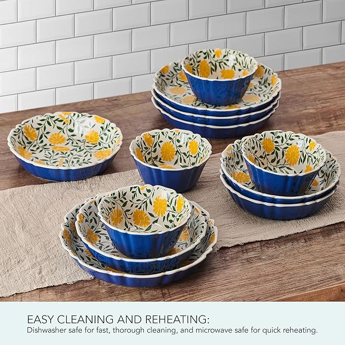 Pfaltzgraff Tranquil Elegance Floral 12 Piece Bowl Dinnerware Set, Service for 4, Blue
