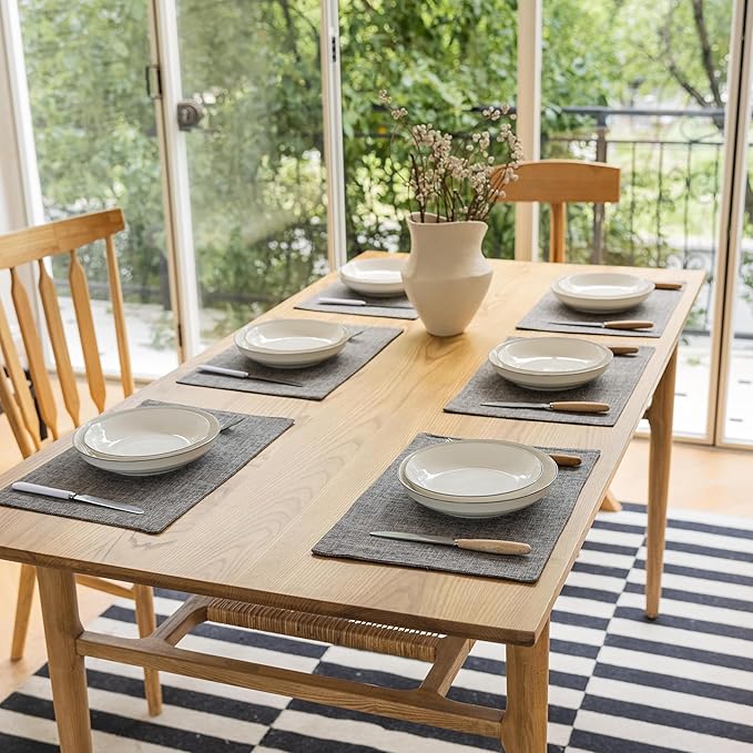 Demetex Grey Linen Placemats Set of 8 Stain Resistant Fabric Place Mats Classic Plate Mats for Kitchen Dining Table Decor, 13x19 inch, Dark Grey