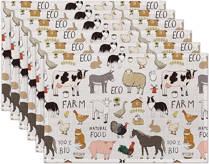 Farm Animals Cow Pig Placemats Set of 6 Place Mats for Kitchen Table Washable Farmhouse Linen Table Mats Dining Decoration 12x18 Inch