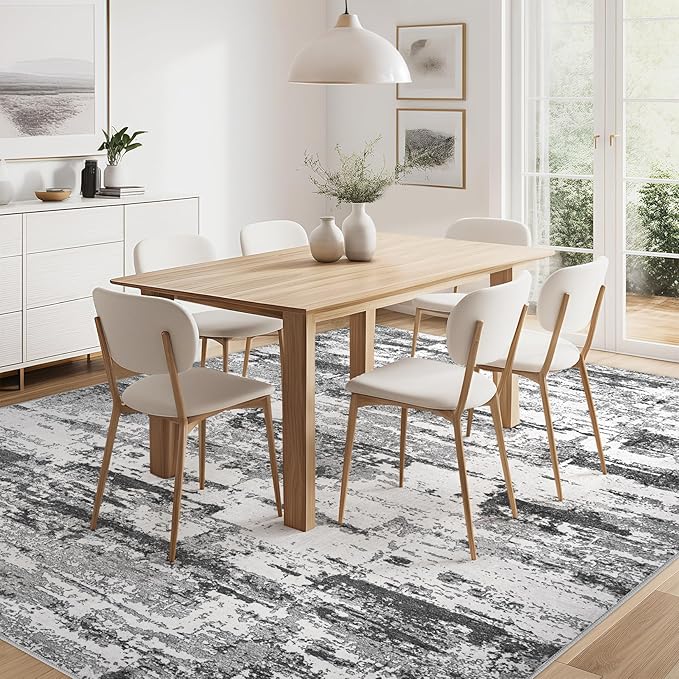 Area Rugs for Living Room: 5x7 Thickened Abstract Washable Rug Modern Neutral Soft Stain Resistant Non-Slip Backing Carpet for Bedroom Dining Room Indoor Home Office - Black Grey