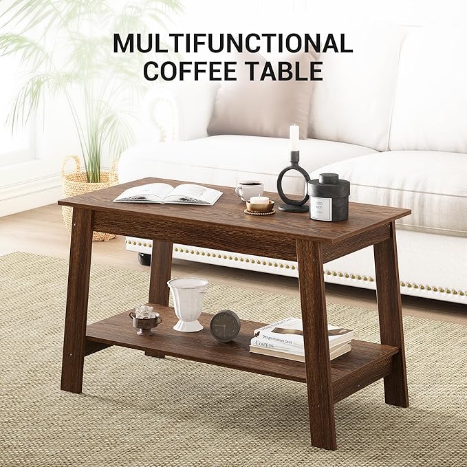 2-Tie Coffee Table, Rustic Wood Living Room Tables with Open Rectangular Storage Compartment, Coffee Tables for Living Room, Outdoors, Home Office, Bedroom, Walnut