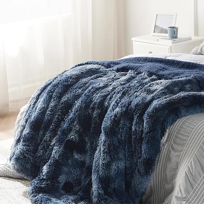 Bedsure Fuzzy Sherpa Faux Fur Twin Blanket Tie Dye Navy Cozy Gifts for Women Men, Soft Fleece Plush Warm Minky Thick Blanket Twin Size for Bed, Room Decor Dorm Essentials Blue Decor Gifts, 60x80