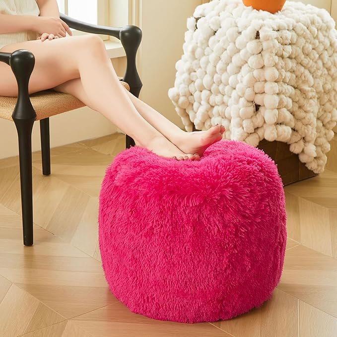 XeGe Fluffy Faux Fur Inflatable Pouf Ottoman, Soft Fuzzy Foot Stool Anti-Slip, Plush Foldable Foot Rest Floor Pouf for Kids Girls Adult, Cute Round Ottoman Cushion Living Room Bedroom, Hot Pink