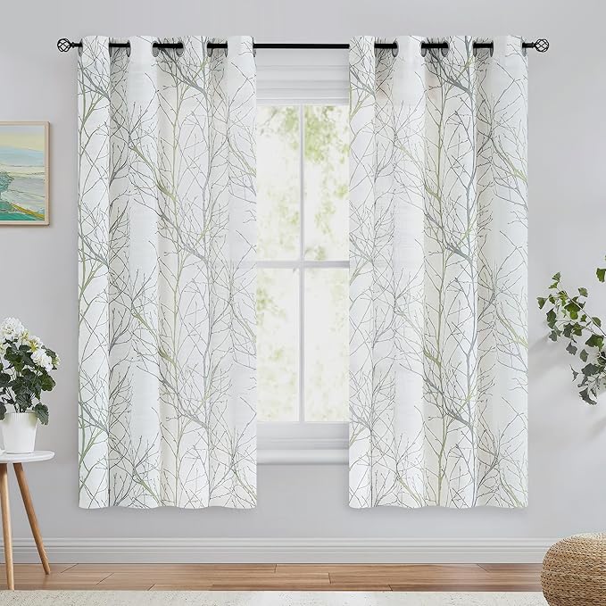 FMFUNCTEX Linen Semi Sheer Curtains for Bedroom, Sage Green White Curtains 63 Inches Long for Living Room, Grey Tree Branch Print Curtain Light Filtering Farmhouse Window Drapes, Grommet Top 2 Panels