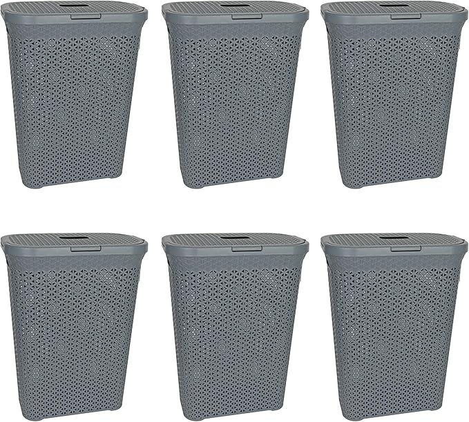 YBM Home Plastic Rattan Laundry Hamper Basket with Hinged Lid, Ventilation Holes, Durable, Lightweight Bin With Cutout Handles, Storage Dirty Clothes, Space Saver, 10.5" x 17.5" x 23.75", Grey, 6-Pack