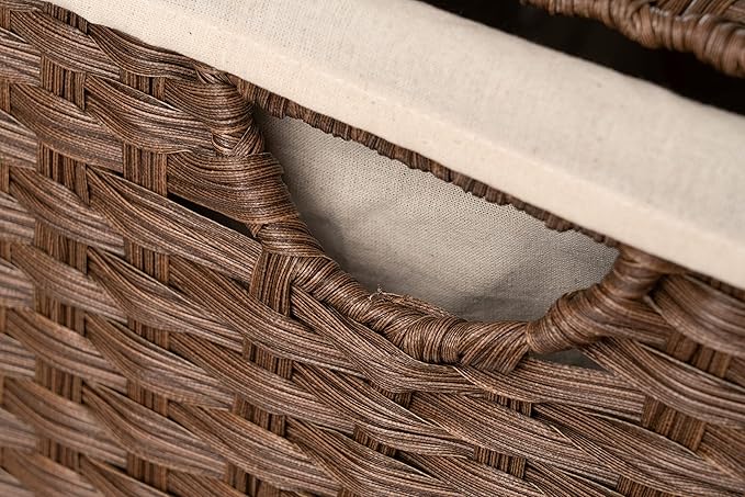 Synthetic Wicker Laundry Hamper Basket with Lid and Liner (Brown)