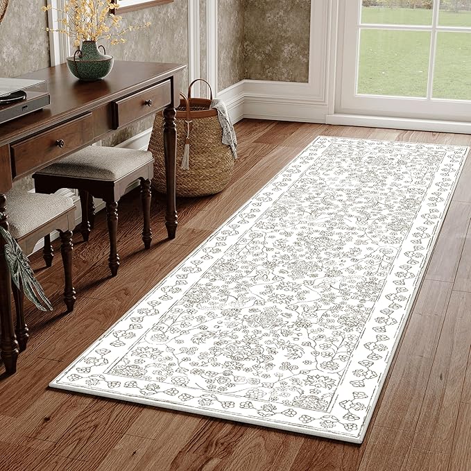Floral Runner Rug 2x6 Hallway Washable Taupe Kitchen Carpet Non Slip Boho Thin Farmhouse Throw Accent Long Rug for Laundry Bathroom Office Bedroom