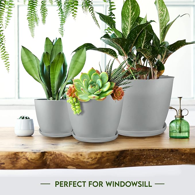 Utopia Home - Plant Pots Indoor with Drainage - 7/6.6/6/5.3/4.8 Inches Home Decor Flower Pots - Pack of 10 Plastic Planters for Indoor Plants, Cactus, Succulents Pot - Grey