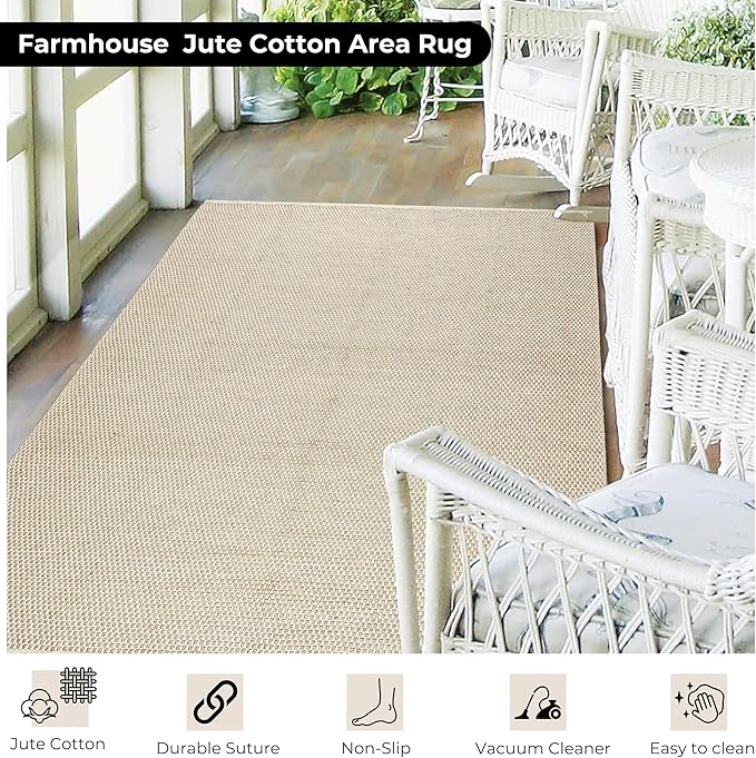 Bedding Craft Jute Cotton Matty Area Rug for Living Room 48x72 Inch - Natural - Machine Washable 4x6 Feet Rugs - 70% Jute and 30% Cotton