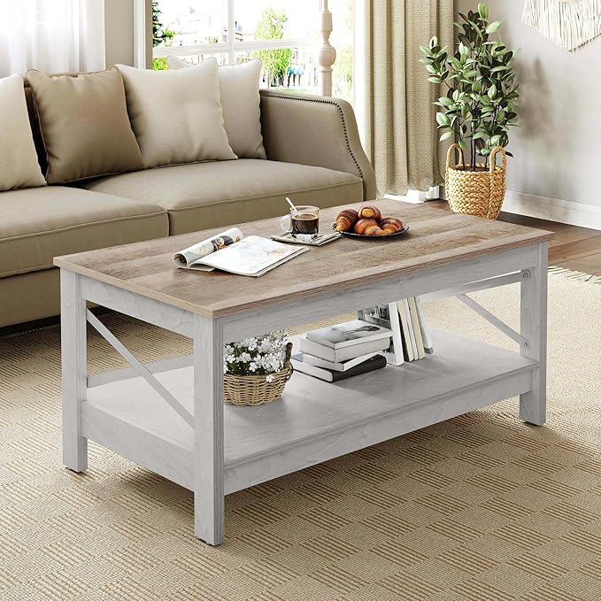 YITAHOME Coffee Tables for Living Room, Modern Farmhouse Coffee Table with Storage, 2-Tier Center Table Wood Living Room Table Accent Cocktail with Sturdy Frame, Grey Wash